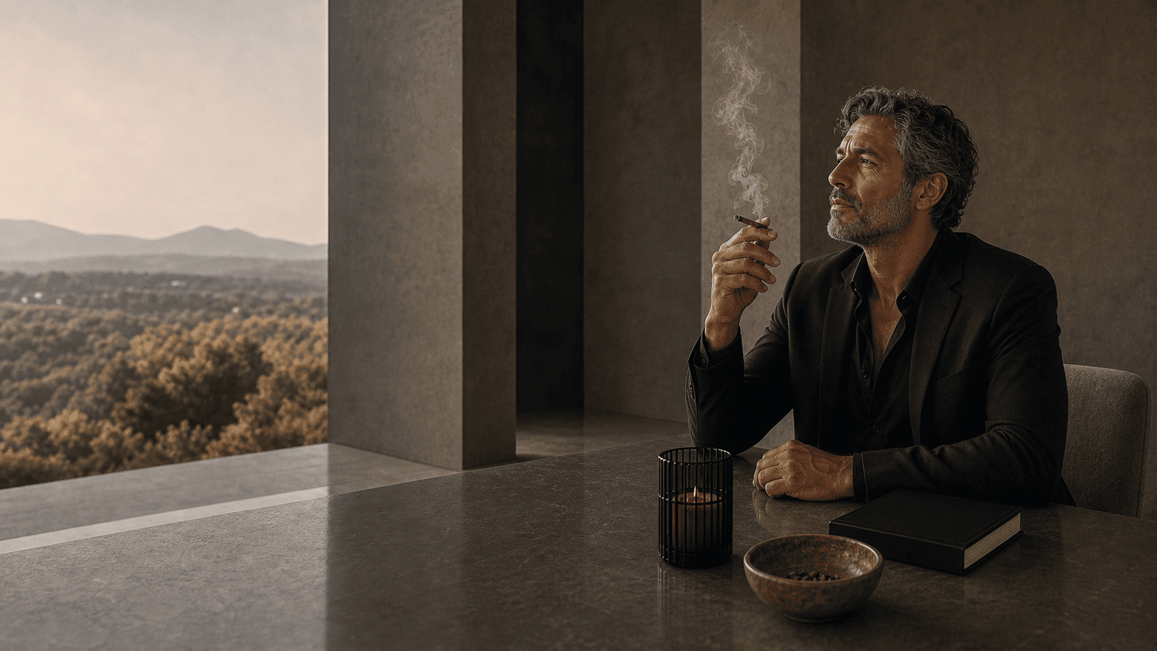 Rugged older man seated in a modern stone interior with a cannabis cigar