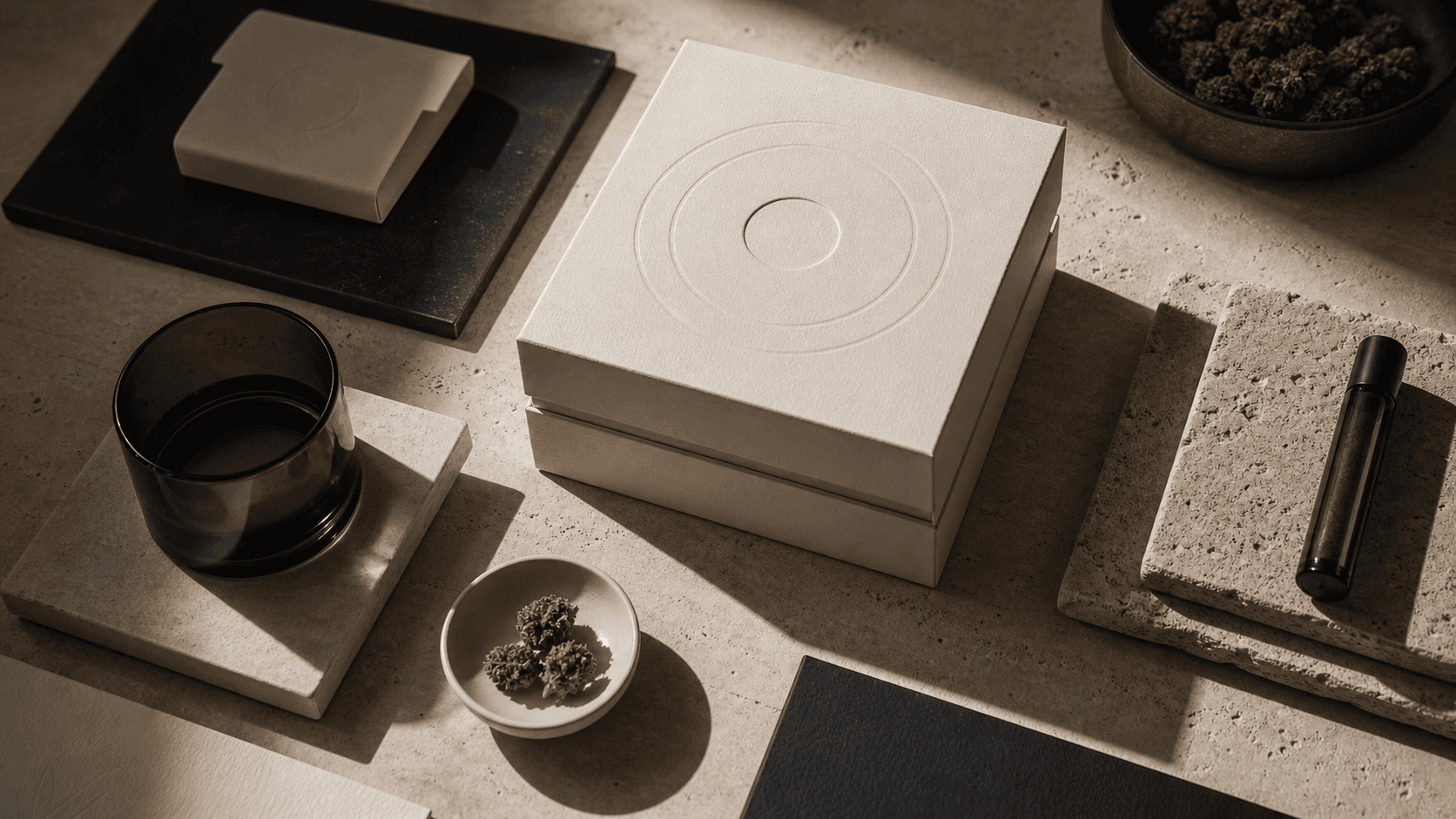 Premium cannabis packaging and flower arranged as a restrained design study