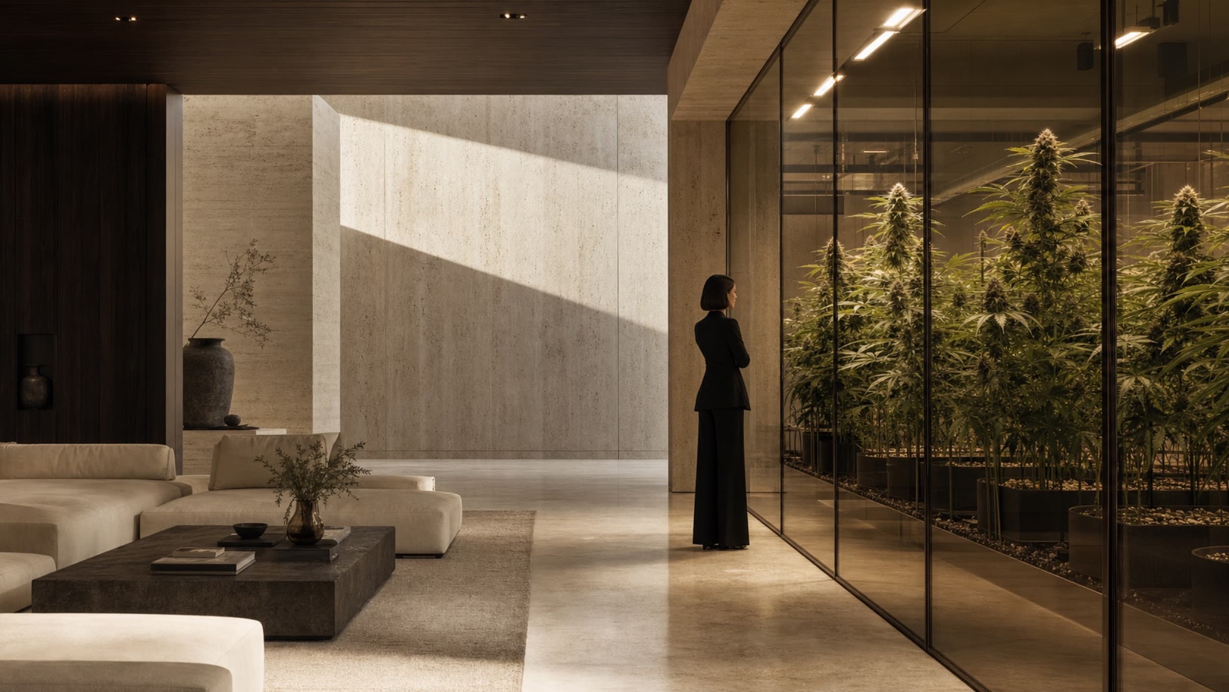 A luxury modernist lounge overlooking an indoor cannabis cultivation gallery