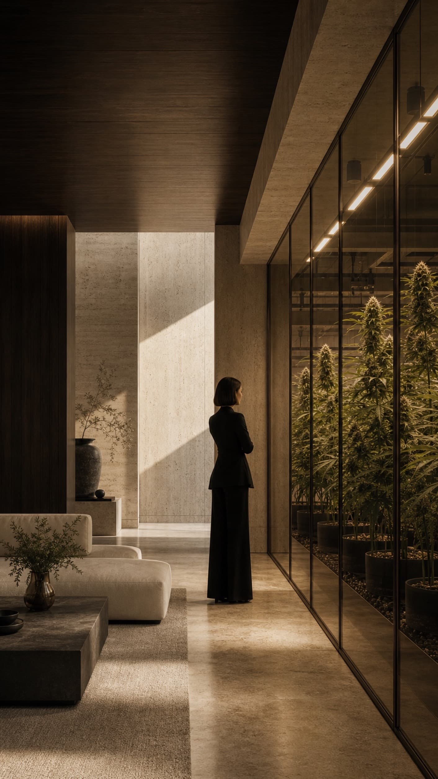 A woman viewing a flowering cannabis cultivation gallery in a modernist lounge