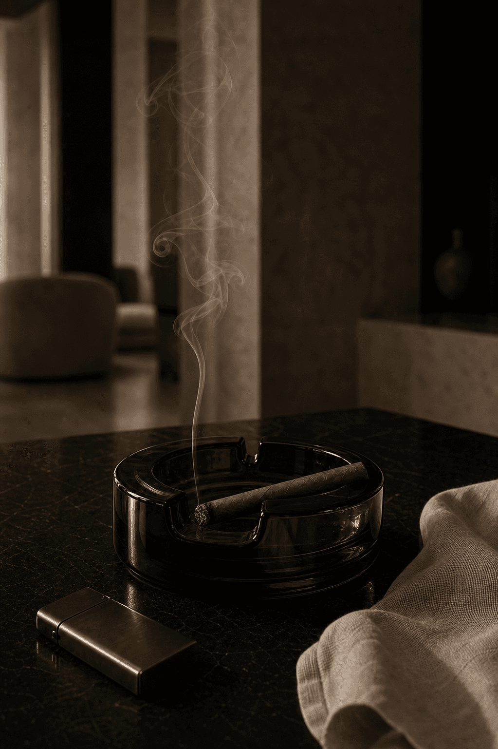 A burning cannabis blunt resting in a smoked-glass ashtray